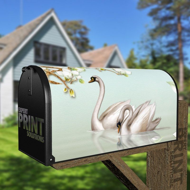 Swan Couple and White Blossoms Decorative Curbside Farm Mailbox Cover