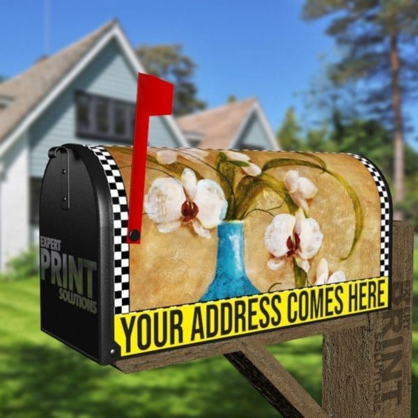 Blue Vase and White Orchid Decorative Curbside Farm Mailbox Cover