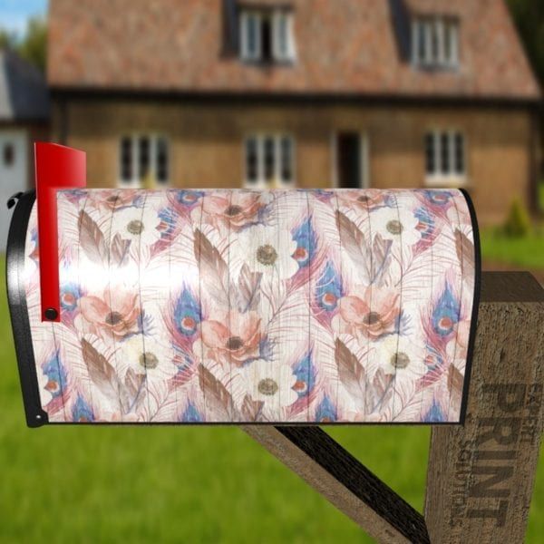 Rustic Flowers and Feathers on Wood Pattern Decorative Curbside Farm Mailbox Cover