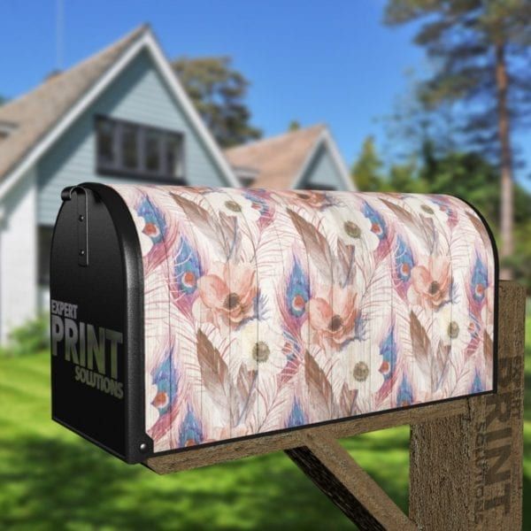 Rustic Flowers and Feathers on Wood Pattern Decorative Curbside Farm Mailbox Cover