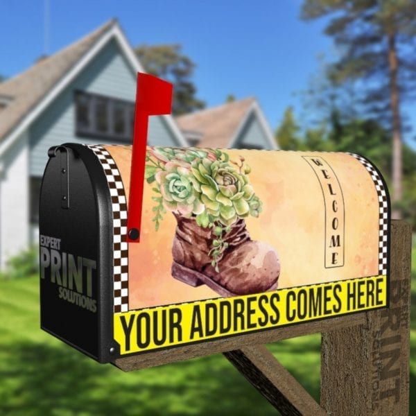 Old Gardening Boot with Succulents Decorative Curbside Farm Mailbox Cover