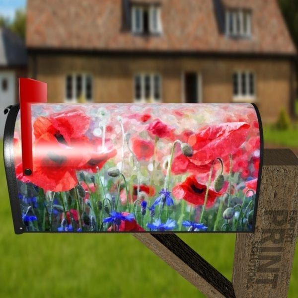 Beautiful Poppy Field and Blue Flowers Decorative Curbside Farm Mailbox Cover