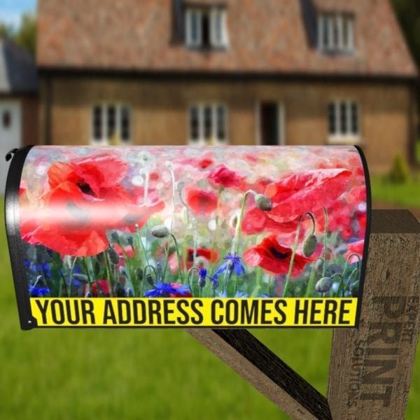 Beautiful Poppy Field and Blue Flowers Decorative Curbside Farm Mailbox Cover