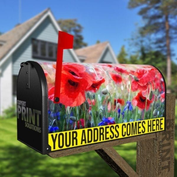 Beautiful Poppy Field and Blue Flowers Decorative Curbside Farm Mailbox Cover