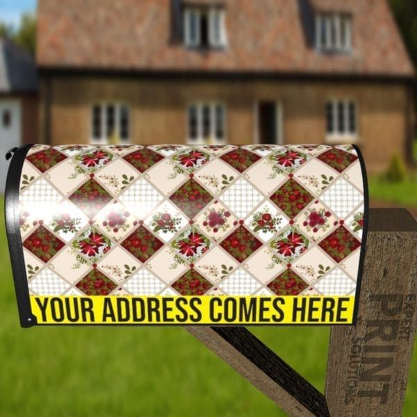 Folk Patchwork Quilt Pattern with Flowers #1 Decorative Curbside Farm Mailbox Cover