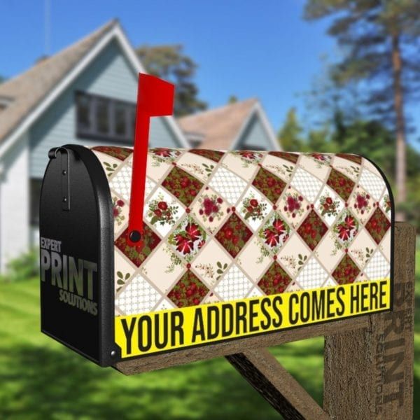 Folk Patchwork Quilt Pattern with Flowers #1 Decorative Curbside Farm Mailbox Cover
