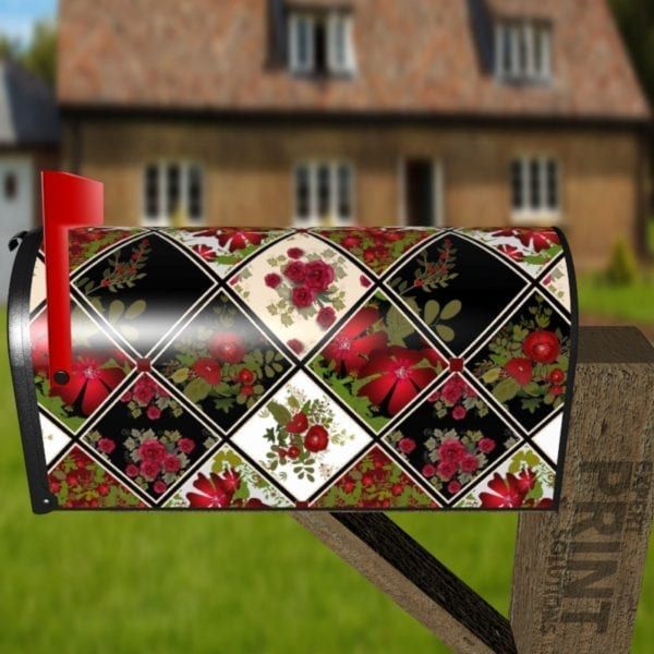 Folk Patchwork Quilt Pattern with Flowers #2 Decorative Curbside Farm Mailbox Cover