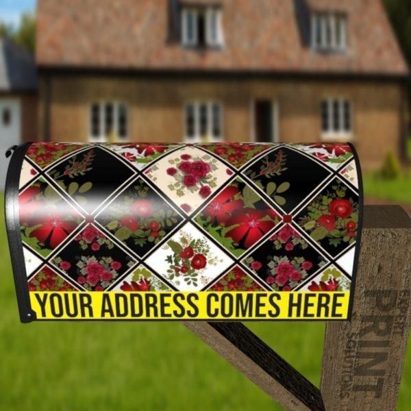 Folk Patchwork Quilt Pattern with Flowers #2 Decorative Curbside Farm Mailbox Cover