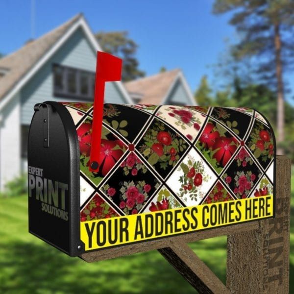 Folk Patchwork Quilt Pattern with Flowers #2 Decorative Curbside Farm Mailbox Cover