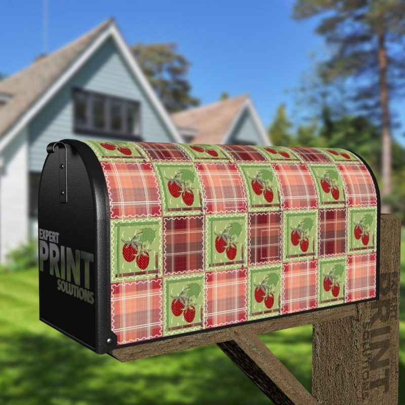 Folk Patchwork Quilt Pattern with Cherries Decorative Curbside Farm Mailbox Cover