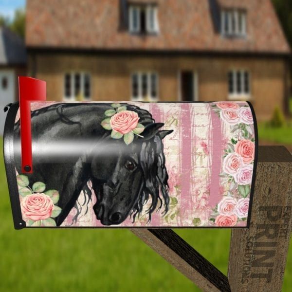 Beautiful Black Horse and Roses #1 Decorative Curbside Farm Mailbox Cover