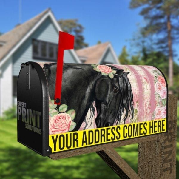 Beautiful Black Horse and Roses #1 Decorative Curbside Farm Mailbox Cover