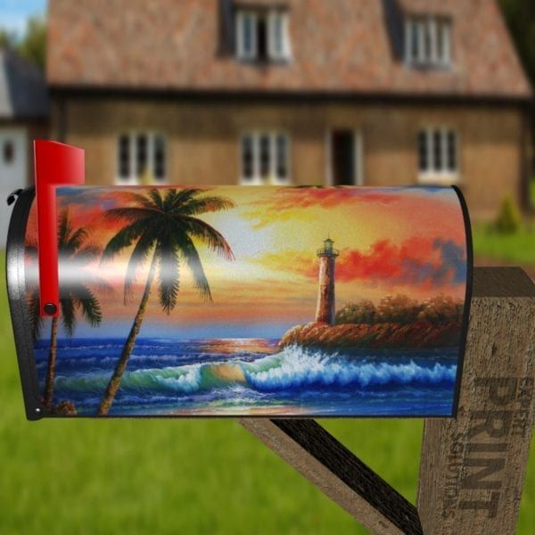 Beautiful Tropical Sunset and Lighthouse Decorative Curbside Farm Mailbox Cover