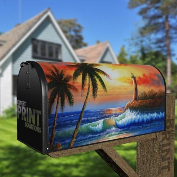 Beautiful Tropical Sunset and Lighthouse Decorative Curbside Farm Mailbox Cover