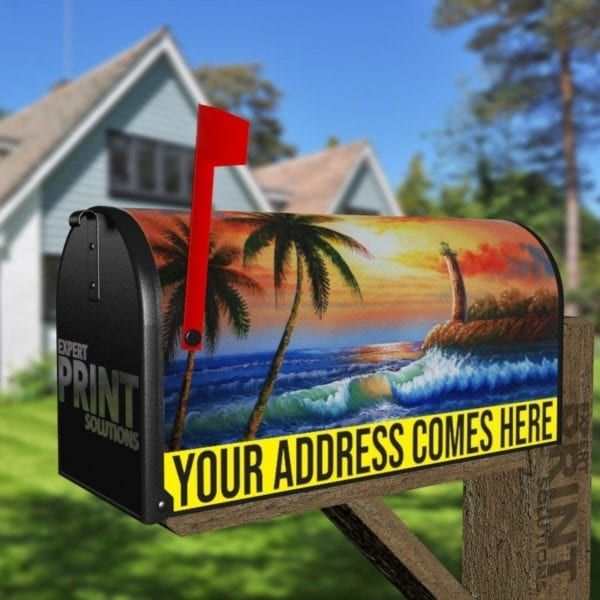 Beautiful Tropical Sunset and Lighthouse Decorative Curbside Farm Mailbox Cover