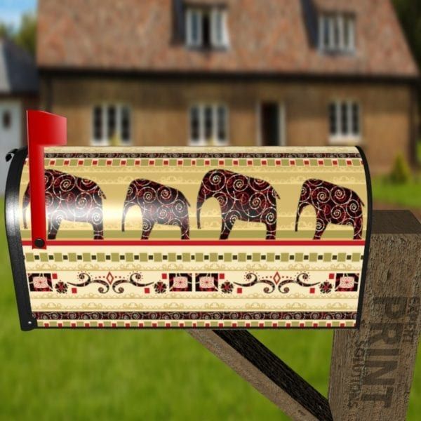 Bohemian Folk Art African Elephants Patchwork Pattern #1 Decorative Curbside Farm Mailbox Cover