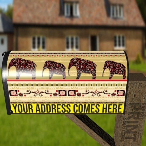 Bohemian Folk Art African Elephants Patchwork Pattern #1 Decorative Curbside Farm Mailbox Cover
