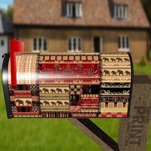 Bohemian Folk Art African Elephants Patchwork Pattern #2 Decorative Curbside Farm Mailbox Cover