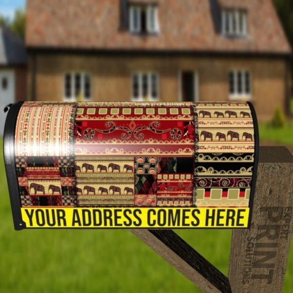 Bohemian Folk Art African Elephants Patchwork Pattern #2 Decorative Curbside Farm Mailbox Cover