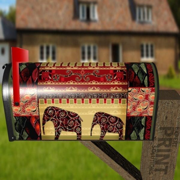 Bohemian Folk Art African Elephants Patchwork Pattern #3 Decorative Curbside Farm Mailbox Cover