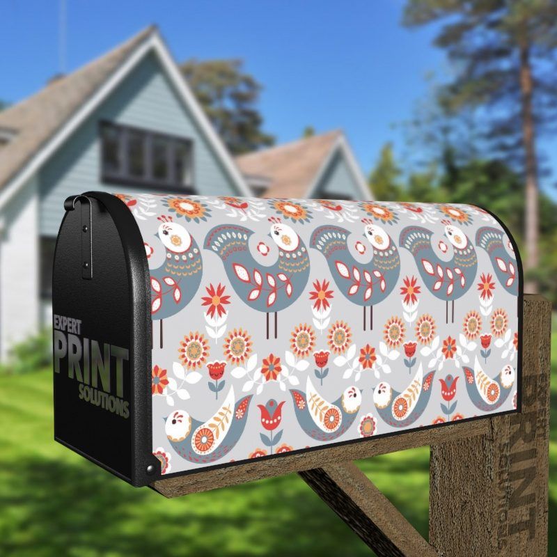 Scandinavian Folk Art Birds Design #3 Decorative Curbside Farm Mailbox Cover