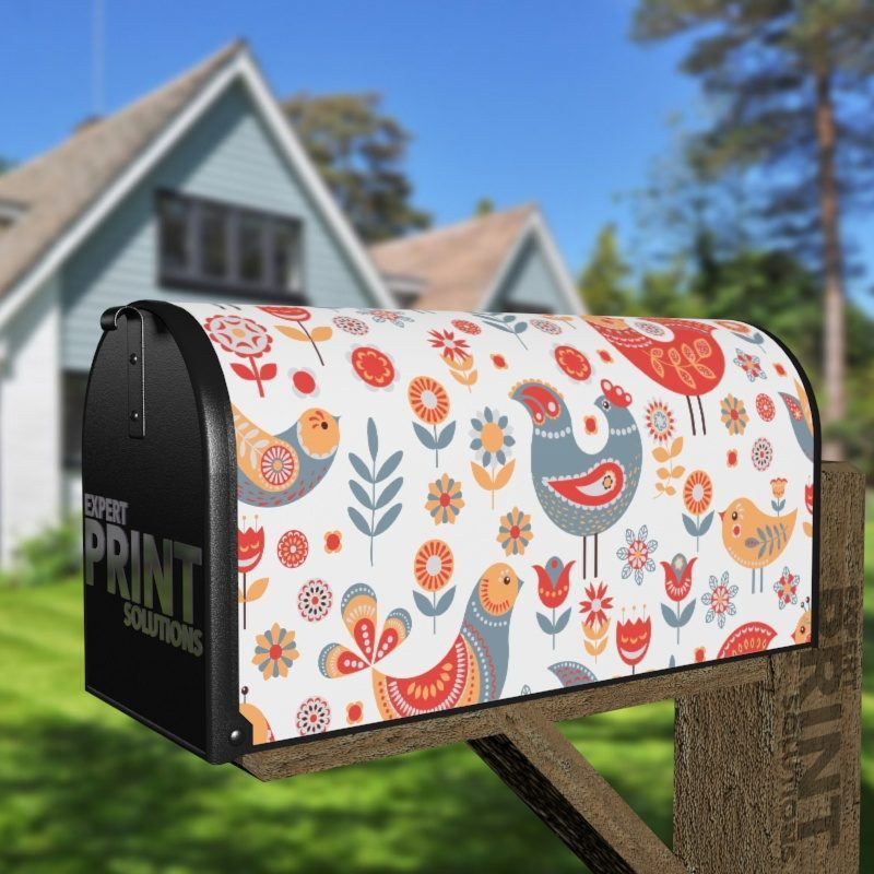 Scandinavian Folk Art Birds Design #4 Decorative Curbside Farm Mailbox Cover