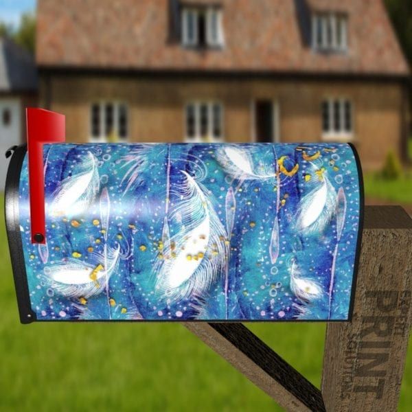 White and Blue Feathers Decorative Curbside Farm Mailbox Cover