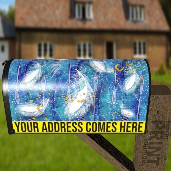 White and Blue Feathers Decorative Curbside Farm Mailbox Cover