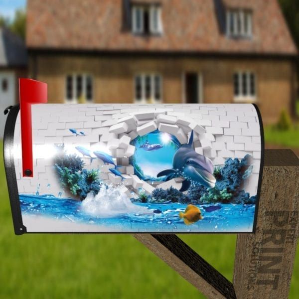 Broken Wall with Dolphins and Fish Decorative Curbside Farm Mailbox Cover