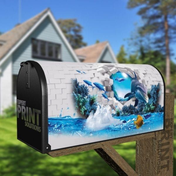 Broken Wall with Dolphins and Fish Decorative Curbside Farm Mailbox Cover