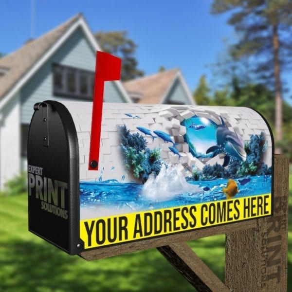 Broken Wall with Dolphins and Fish Decorative Curbside Farm Mailbox Cover