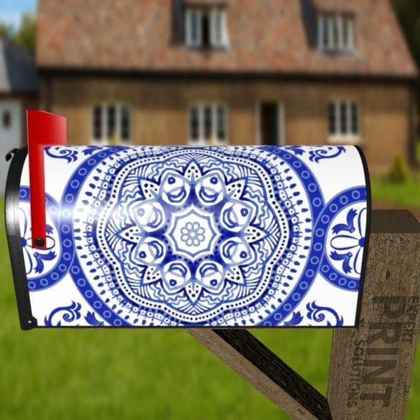 Bohemian Folk Art Ethnic Blue Mandala Design Decorative Curbside Farm Mailbox Cover
