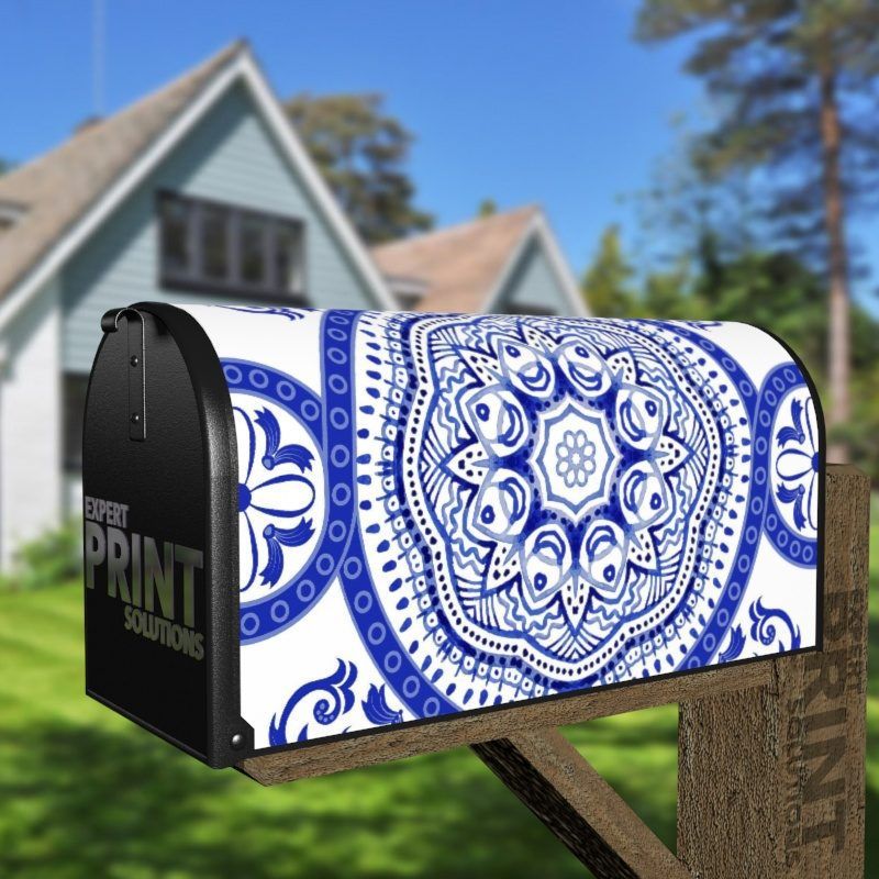 Bohemian Folk Art Ethnic Blue Mandala Design Decorative Curbside Farm Mailbox Cover