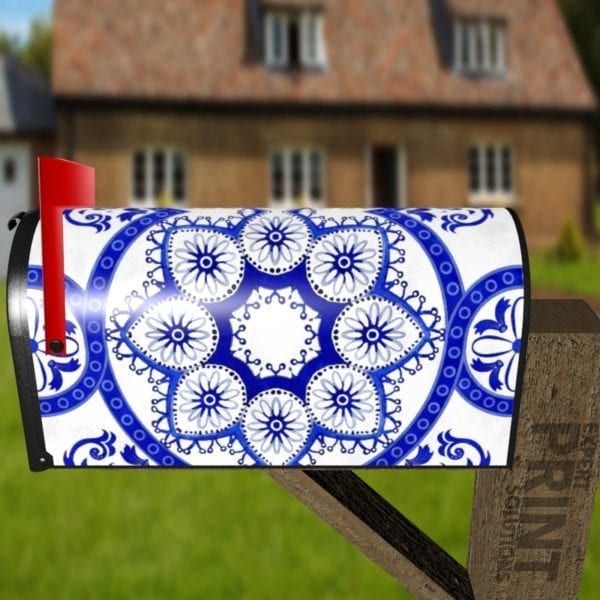 Bohemian Folk Art Ethnic Blue Mandala Design #2 Decorative Curbside Farm Mailbox Cover