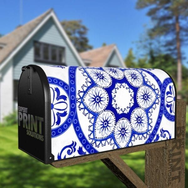 Bohemian Folk Art Ethnic Blue Mandala Design #2 Decorative Curbside Farm Mailbox Cover