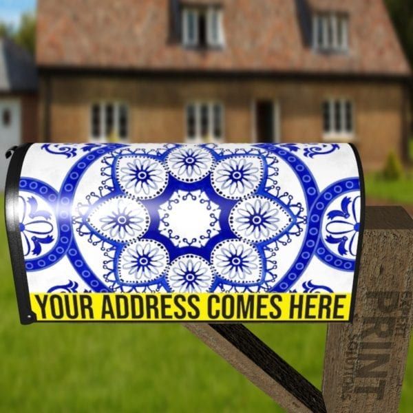 Bohemian Folk Art Ethnic Blue Mandala Design #2 Decorative Curbside Farm Mailbox Cover