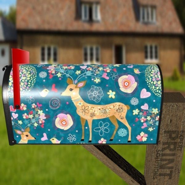 Bohemian Folk Art Ethnic Deer and Flowers Design Decorative Curbside Farm Mailbox Cover