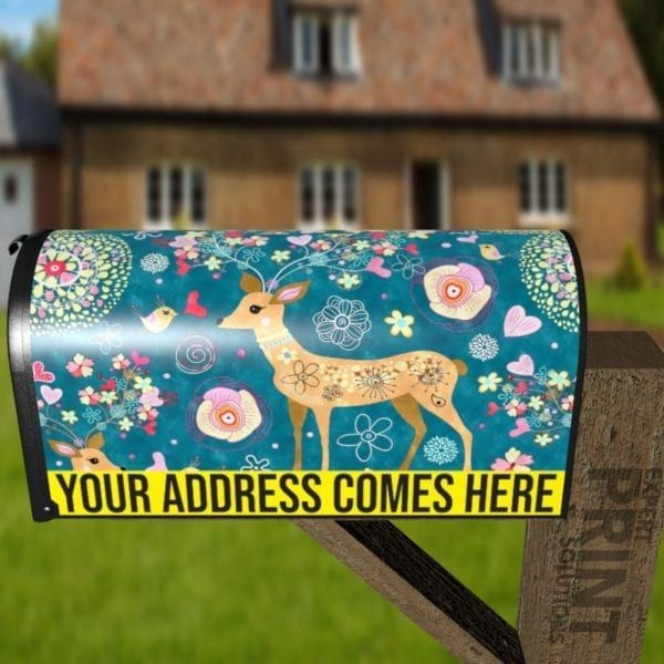 Bohemian Folk Art Ethnic Deer and Flowers Design Decorative Curbside Farm Mailbox Cover