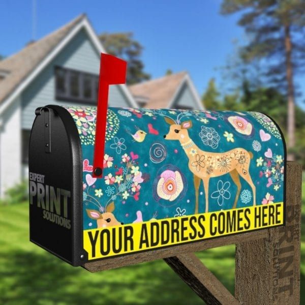 Bohemian Folk Art Ethnic Deer and Flowers Design Decorative Curbside Farm Mailbox Cover